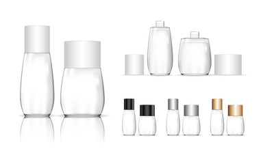 Cosmetic transparent bottle. Liquid container for gel, lotion, cream, shampoo, bath foam. Beauty product package. Vector illustration.