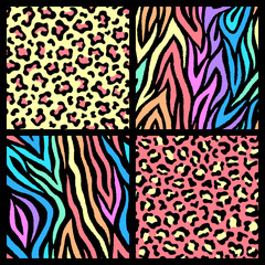 Set of 4 colorful animal seamless patterns in 80s-90s style. Exotic animalistic backgrounds. Leopard, zebra, cheetah, jaguar prints.	