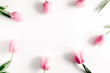 Flowers composition romantic. Pink flowers tulips on white background. Wedding. Birthday. Happy woman's day. Mothers Day. Valentine's Day. Flat lay, top view, copy space