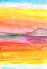 Colorful watercolor landscape, horizon with mountain