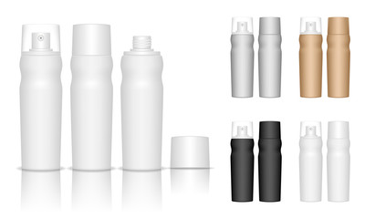 Spray bottles isolated on white background. Cosmetic container for liquid, gel, lotion, cream. Beauty product package, vector illustration.