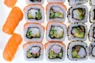 Japanese great sushi and roll set on a white background