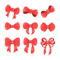 Collection of shiny red ribbon bow isolated on white background. Vector Illustration.