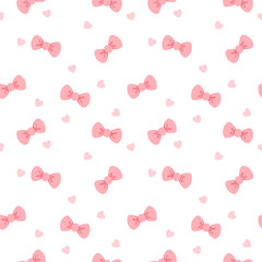 Seamless pattern with pink ribbon bow and heart. Vector illustration.