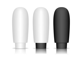 Cosmetic plastic tube isolated on white background. Skin care bottles for gel, liquid, lotion, cream. Beauty product package. Vector illustration.