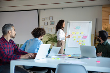 Trainer explaining strategy to interns. Confident businesswoman standing near board with flowchart made from sticky notes. Business strategy concept