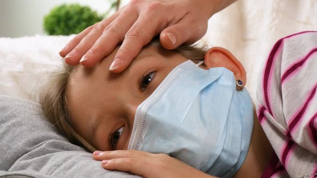 Sick Kid with Thermometer, Ill Child, Mother Nursing Petting ill Girl, Children Healthcare