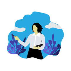 Standing business woman, is counting traffic. flat style.