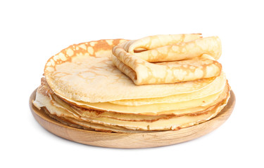 Stack of fresh thin pancakes isolated on white
