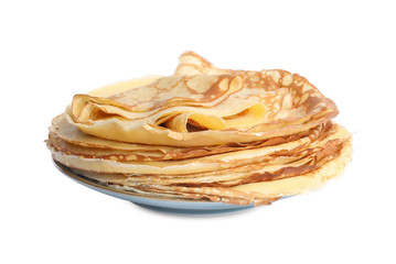 Stack of fresh thin pancakes isolated on white