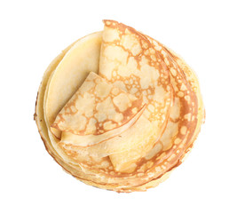 Stack of fresh thin pancakes isolated on white, top view