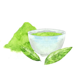 Green tea in bowl, matcha powder and leaves