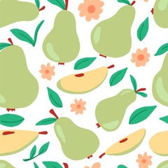 Seamless pattern of green pear with leaf, flower. Pear of simple trendy cartoon style for natural food, fruit, kids walppaper, textile, design. Vector illustration.