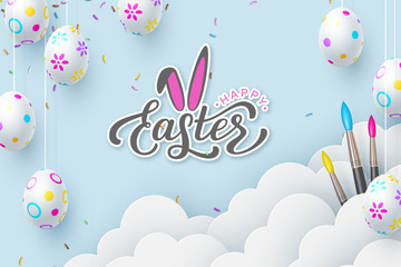 Happy Easter banner with painted hanging eggs, brushes, paper cut clouds and hand written calligraphy. Blue background decorated sprinkled sweets. Vector realistic.