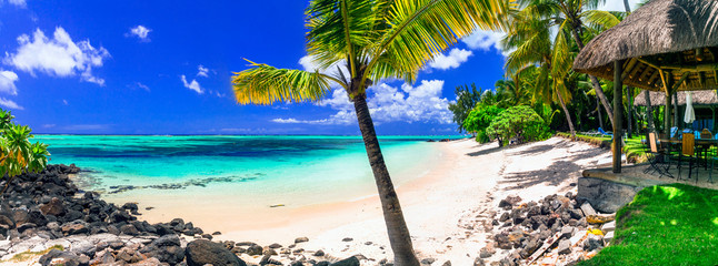 Idyllic tropical beach scenery. Relaxing holidays in Mauritius island