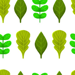 Organic pattern of green leaves of plants. Ecological illustration for the decor of packaging products, packages, backgrounds, banners and posters.