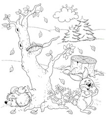 Four seasons. Autumn. Cute hare and hedgehog in the forest. Coloring page. Coloring book. Cute and funny cartoon characters