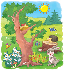 Obraz na płótnie Canvas Four seasons. Summer. Cute hare and hedgehog in the forest. Coloring page. Coloring book. Cute and funny cartoon characters