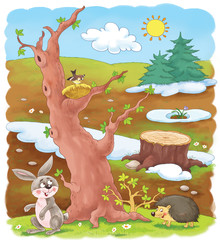 Four seasons. Spring. Cute hare and hedgehog in the forest. Coloring page. Coloring book. Cute and funny cartoon characters