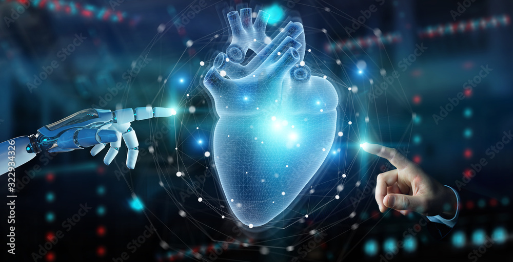 Poster Robot hand using digital x-ray of human heart holographic scan projection 3D rendering