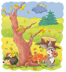 Four seasons. Autumn. Cute hare and hedgehog in the forest. Coloring page. Coloring book. Cute and funny cartoon characters