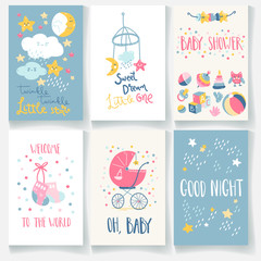Set of baby cards. Good night, twinkle star, sweet dream, welcome, baby shower. Hand lettering