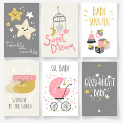 Set of baby cards. Good night, twinkle star, sweet dream, welcome, baby shower. Hand lettering