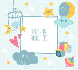 Blue baby photo frame with cloud, star, toys and dots. Scandinavian style. - obrazy, fototapety, plakaty