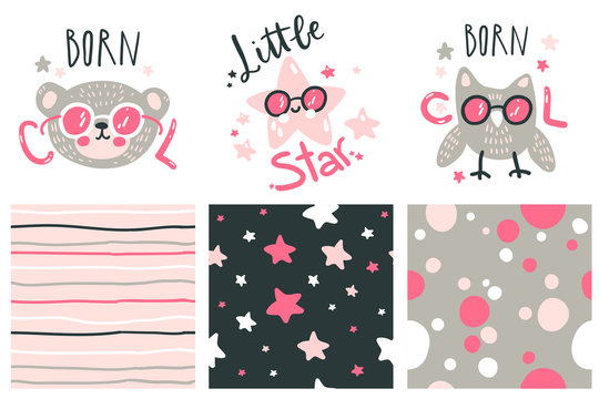 Cute baby prints and seamless patterns. Hand drawn vector illustration. For kid's or baby's shirt design, fashion print design, graphic, t-shirt,kids wear. Bear, owl and star.