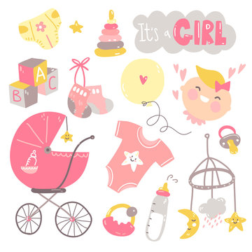 It's a girl doodle set. Pink and yellow baby care, feeding, clothing, toys, health care stuff, accessories.