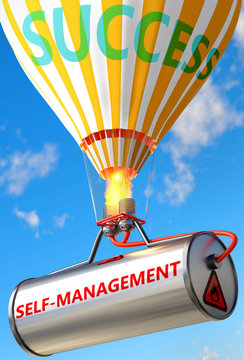 Self management and success - pictured as word Self management and a balloon, to symbolize that Self management can help achieving success and prosperity in life and business, 3d illustration