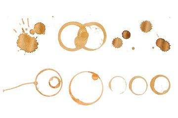 Collection of different coffee stains on a white background.
