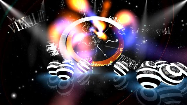 Stage, balls, hour hand, clock, numerals.  Space and time. Futuristic background. Allegory 