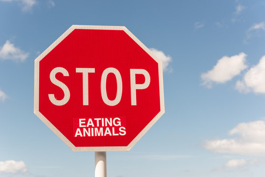 Traffic Stop sign altered, presumably by a vegan or vegetarian, with a sticker to read "Stop eating animals". In Auckland, New Zealand.