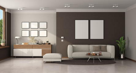 Naklejka na ściany i meble Minimalist living room with modern sofa and sideboard
