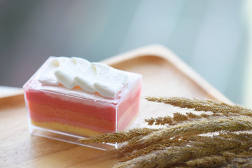 delicious cake on the wood plate 