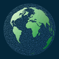 World map connection. Azimuthal Equal Area projection. Green low poly world map with network background. Authentic connections map for infographics or presentation. Vector illustration.