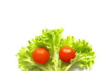 Red cherry tomatoes and lettuce leaves on white background