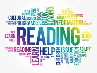 Reading word cloud collage, education concept background
