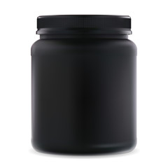 Black supplement jar. Protein sport 3d container. Bcaa amino acids can blank. Round bodybuilding creatine product package for muscle workout. Realistic vitamins cylinder tube
