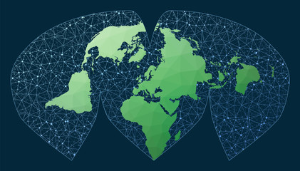 Communications map of the world. Interrupted Sinu-Mollweide projection. Green low poly world map with network background. Captivating connections map for infographics or presentation. © Eugene Ga