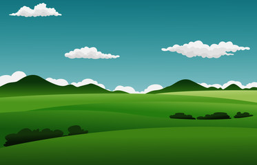 Vector illustration of summer fields landscape with a dawn, green hills, bright color blue sky and cloud, country background in vector 