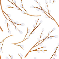 Watercolor pussy willow branches seamless pattern. Hand drawn tree twigs with buds isolated on white background. Illustration for cards, postcard, cover design, invitation, Easter decoration