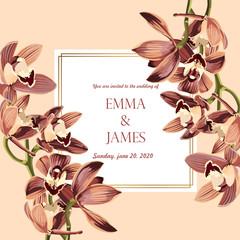 Botanical wedding invitation card template design, beige orchid flowers branch, vintage style.