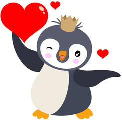 Cute king penguin running holding a red heart