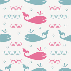 Fairytale cartoon fish whales. Seamless pattern with fantastic animals silhouettes. Vector flat image.