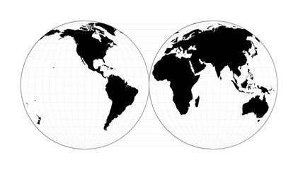 World shape. Mollweide projection interrupted into two (equal-area) hemispheres. Plan world geographical map with graticlue lines. Vector illustration.