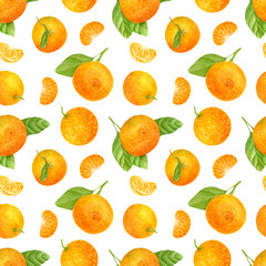Watercolor tangerine seamless pattern. Hand drawn botanical illustration of mandarin fruits with leaves. Citrus orange plants isolated on white background for design, textile, package, wrapping