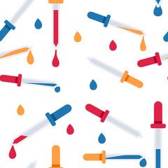 Seamless pattern laboratory transparent pipette with colored fluid abstract drop greetings card or flyer design chemistry lab concept flat vector illustration on white background