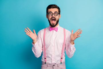 Portrait of astonished guy look good wonderful novelty impressed scream unbelievable unexpected...